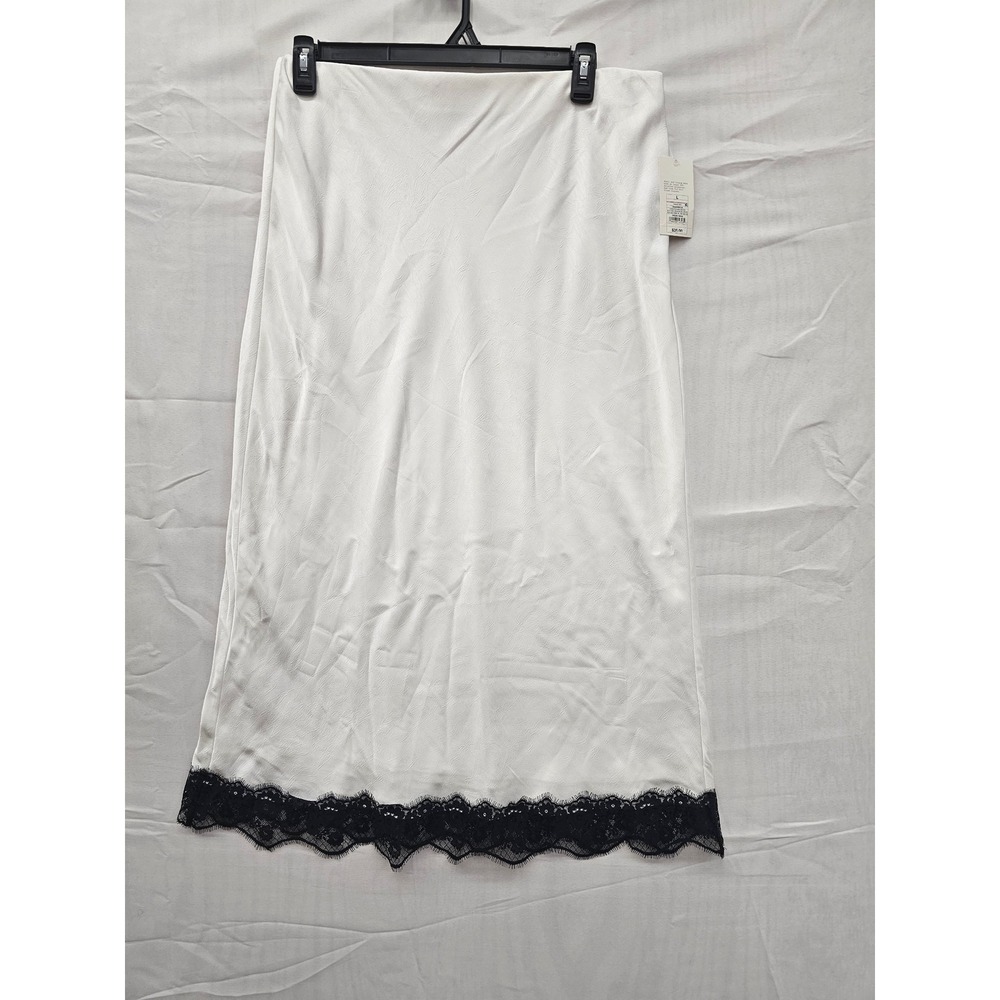 A New Day Cream Satin Midi Slip Skirt Black Lace Trim Womens Large 018 05‎ 1918